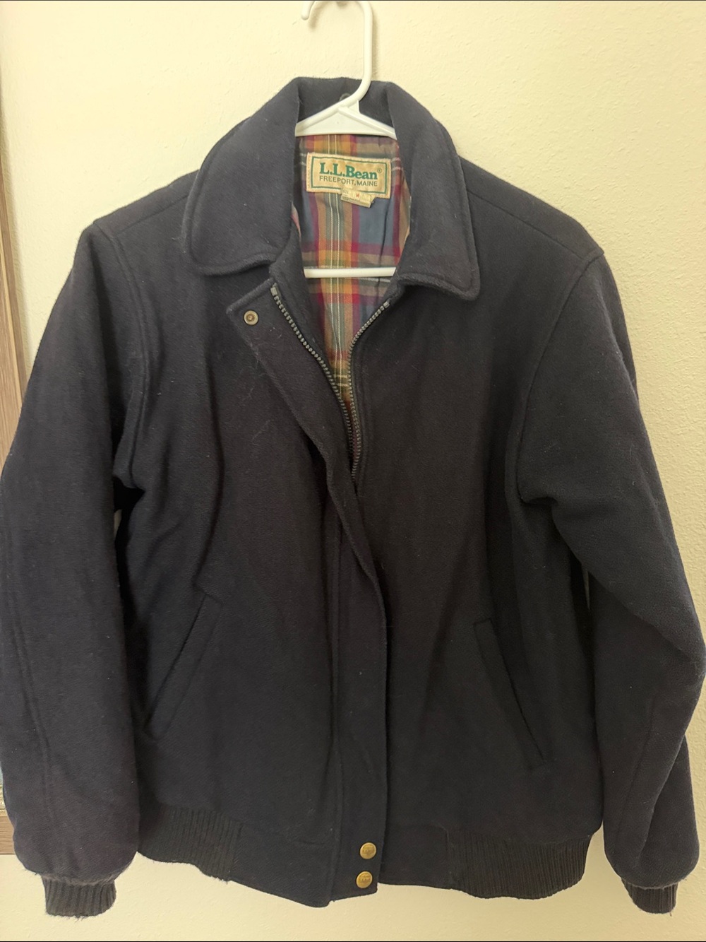 L.L. Bean Navy Bomber Jacket with Plaid Lining circa 1980’s